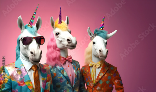 Fototapeta Naklejka Na Ścianę i Meble -  Creative animal concept. Group of unicorn in funky Wacky wild mismatch colourful outfits isolated on bright background advertisement, copy space. birthday party invite invitation banner	
