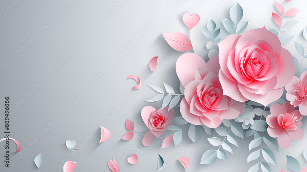 Pink roses with leaves romance tenderness heart commitment on a grey background
