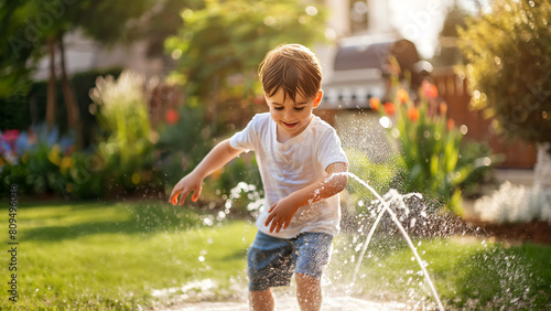 Fröhlicher kleiner Junge spielt im Garten mit der Wasserfontäne aus dem Gartensprinkler, Sommerspaß und Abkühlung im Garten