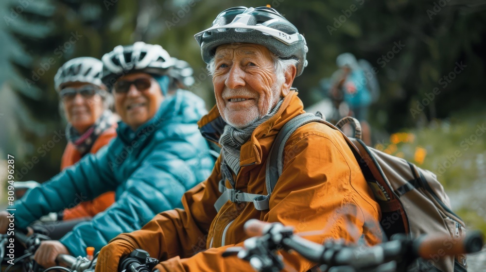 Three happy senior friends with helmets enjoy a bike ride in nature Three happy senior friends with helmets enjoy a bike ride in nature