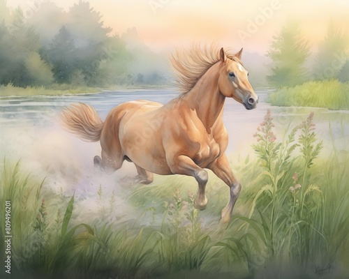 horse galloping across a grassy field