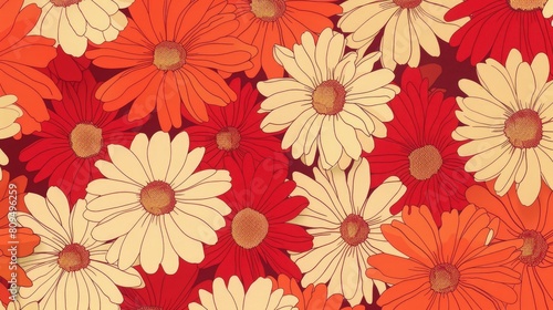 Wallpaper Mural Seventies Inspired Daisy Pattern in Retro Red and Orange Torontodigital.ca