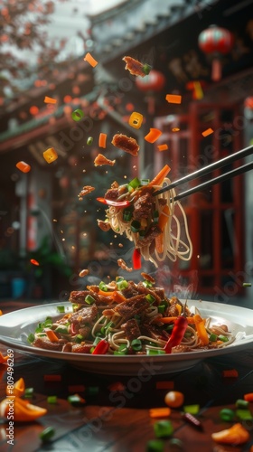 A visually striking image featuring airborne Chinese noodles and vegetables with chopsticks against a cultural backdrop