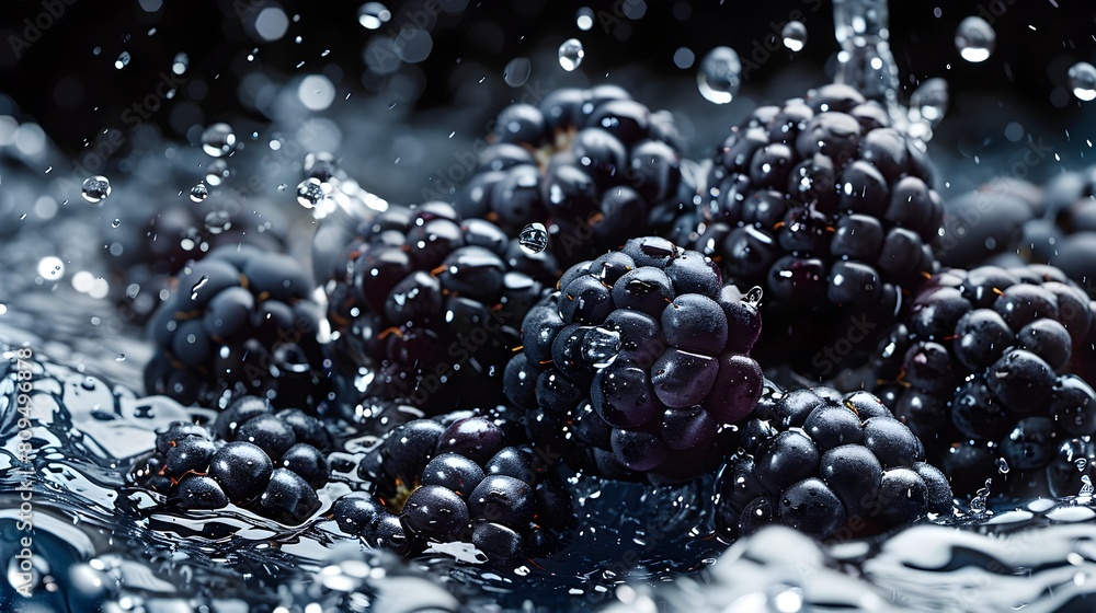 Ripe Blackberries Plunging into Dark Water,Creating Vivid Splash Patterns and Contrast Ripe Blackberries Plunging into Dark Water,Creating Vivid Splash Patterns and Contrast
