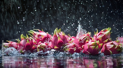 Ripe Dragonfruits Tumbling into Inky Black Water Tank,Creating Captivating Splash Patterns