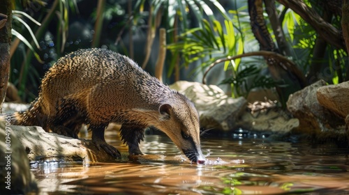 Large anteater consuming water in a tropical setting photo