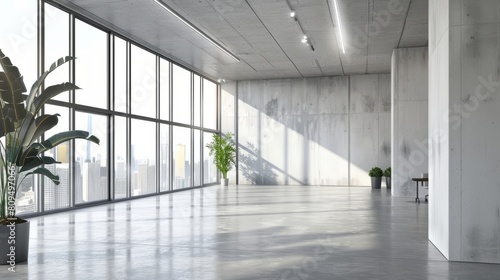 Blank wall in bright concrete office with large windows Mockup 3D rendering hyper realistic 