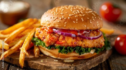 fresh and juicy chicken burger with French fries on the wooden table  fast food advertising 