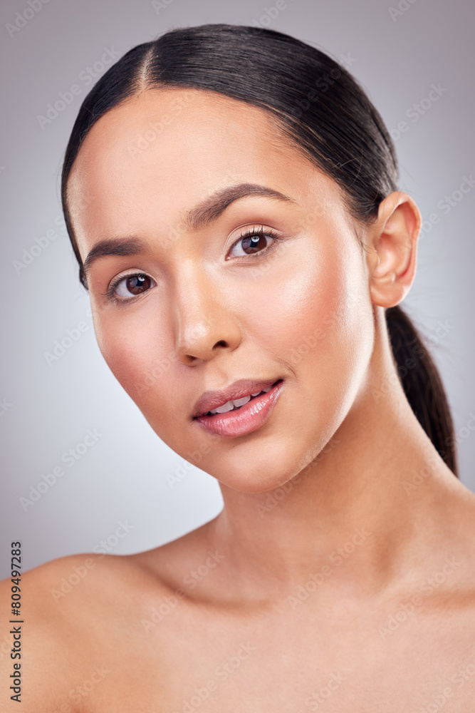 Beauty, portrait and skincare with natural woman closeup in studio on white background for wellness. Aesthetic, face and shine with serious model at salon spa for cosmetics or dermatology treatment Beauty, portrait and skincare with natural woman closeup in studio on white background for wellness. Aesthetic, face and shine with serious model at salon spa for cosmetics or dermatology treatment