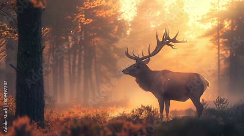 Wallpaper Mural Discover the Serene Majesty of a Misty Forest at Sunrise, Where a Noble Stag Graces the Landscape, His Presence Radiating an Aura of Peace and Wilderness Torontodigital.ca