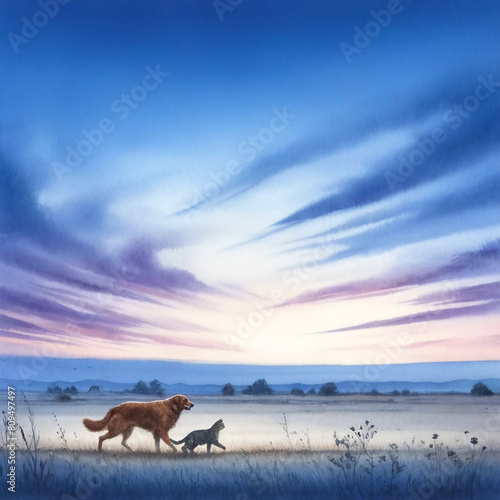 Rendition Stock _ Watercolor Illustration  0000065A _ Pets Walking at Dusk, Watercolor Illustration of Dog and Cat Friendship © Rendition