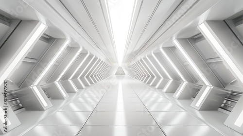 Empty Long Light Corridor. Modern white background. Futuristic Sci-Fi Triangle Tunnel. 3D Rendering hyper realistic 