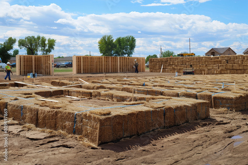 Contractors assemble straw bale walls, sustainable building with natural resources.