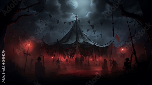Scene of a Sinister Circus Tent Amidst a Moonlit Meadow
