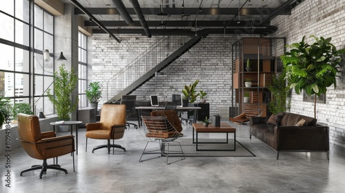 Industrial loft style office 3d render.There are white brick wall,polished concrete floor and black steel structure.Furnished with dark brown and black. leather furniture. hyper realistic 