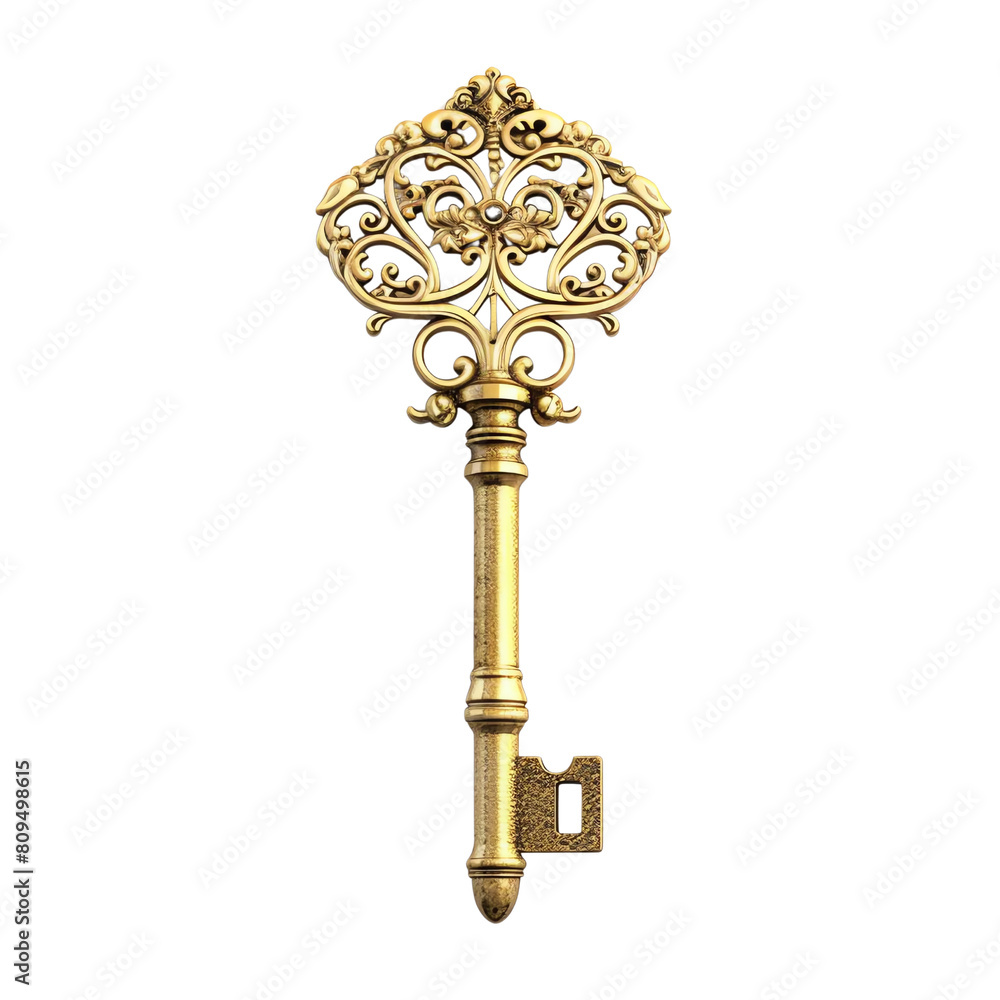 A gold key with intricate details and flourishes. transparent white background