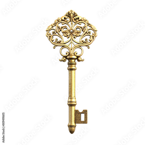 A gold key with intricate details and flourishes. transparent white background