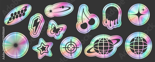 Y2K stickers with hologram gradient. Retro foil labels set with rainbow silver texture. 2000s metal vector realistic stamps. Iridescent elements collection. Neon trendy symbols.