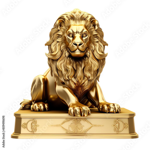 The image shows a golden lion sitting on a pedestal. The lion is looking to the left with its mouth closed. png transparent white background