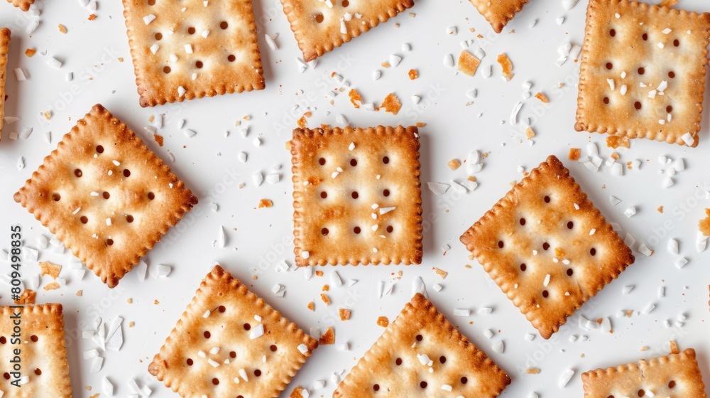 Salted crackers separated on a white backdrop Salted crackers separated on a white backdrop