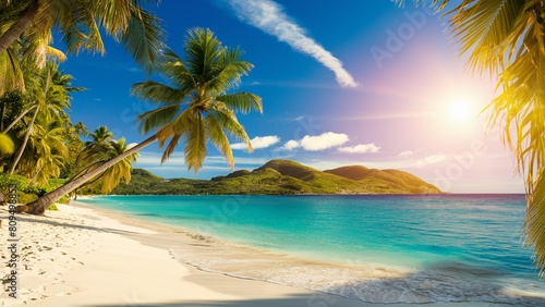 Summer Beach background, A stunning beach photo set during a hot summer day. The sun casts a warm golden glow, and palm leaves sway gently in the breeze © Deep Ai Generation