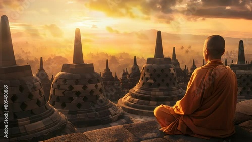 Buddhist monk is meditating in the temple at sunset,vesak day background photo