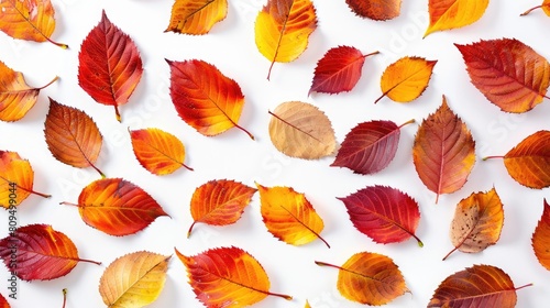 Vibrantly colored fall foliage against a white backdrop with room for text Overhead perspective Display area photo