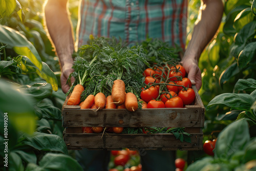  A farmer holding an old wooden crate filled with fresh vegetables, including tomatoes, carrots, garlic, and green beans. Created with Ai