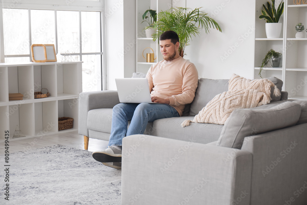 Young bearded man using laptop on sofa at home Young bearded man using laptop on sofa at home
