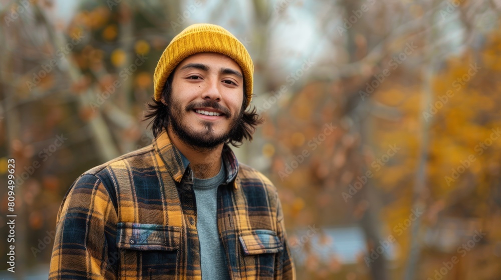 A young Hispanic male with a thick beard and shoulder-length hair wears a yellow beanie and plaid flannel shirt, standing outdoors with a blurred background hinting at solar panels.
A young Hispanic male with a thick beard and shoulder-length hair wears a yellow beanie and plaid flannel shirt, standing outdoors with a blurred background hinting at solar panels.