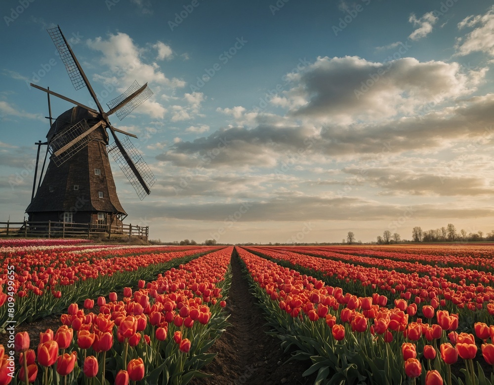A field of tulips with a windmill on the horizon.
