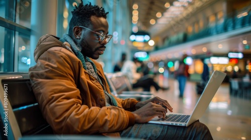Man planning his travel itinerary on a laptop at an airport lounge photo
