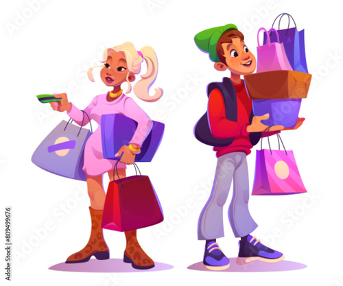 Male and female mall buyer characters with shopping bags and boxes. Cartoon vector illustration set of man and woman purchase products and gifts in shop. Market customer holding paper packages. photo