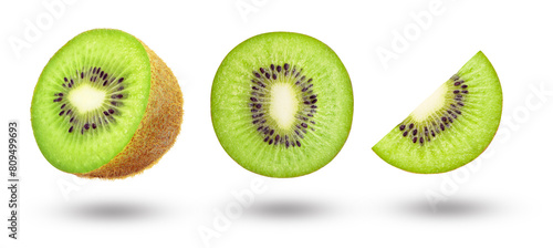 Flying kiwi slices collection with shadow isolated on white background.