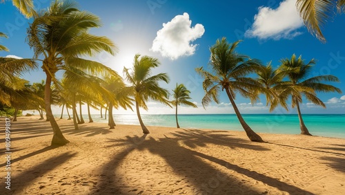 Summer Beach background, A stunning beach photo set during a hot summer day. The sun casts a warm golden glow, and palm leaves sway gently in the breeze © Deep Ai Generation