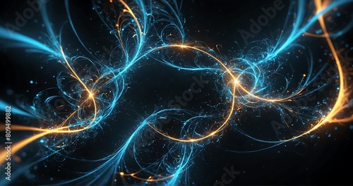 Abstract blue background element on black. Fractal graphics. Three-dimensional composition of glowing lines and mption blur traces. Movement and innovation concept.