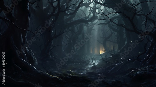 Scene of a Hauntingly Beautiful Fog-Enshrouded Jungle at Night, Where Ghostly Shadows Lurk Amongst the Trees