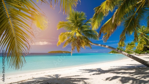 Summer Beach background, A stunning beach photo set during a hot summer day. The sun casts a warm golden glow, and palm leaves sway gently in the breeze