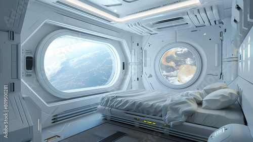 Futuristic living room in orbital space station with view of earth from window