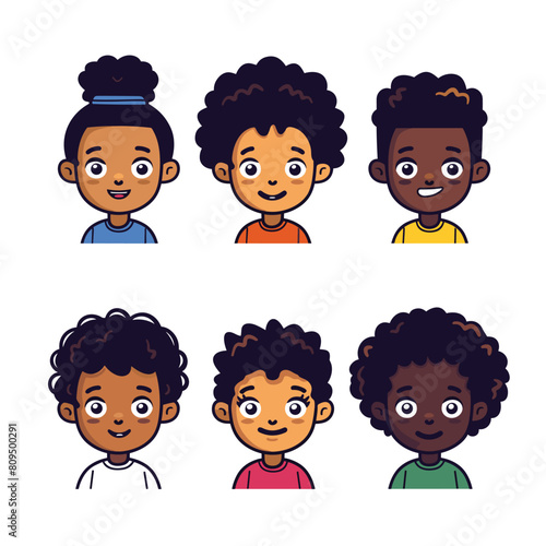Six diverse cartoon children faces smiling, African ethnicity, cute expressions, colorful shirts. Happy kids illustrations, cheerful African children, cute adolescent avatars