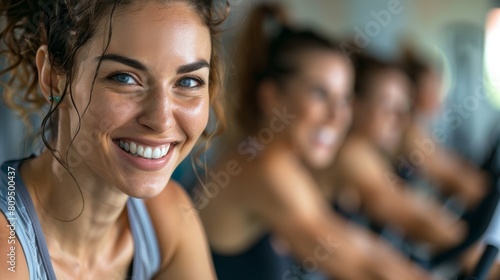 Portrait of smiling beautiful women exercising in fitness studio hyper realistic 