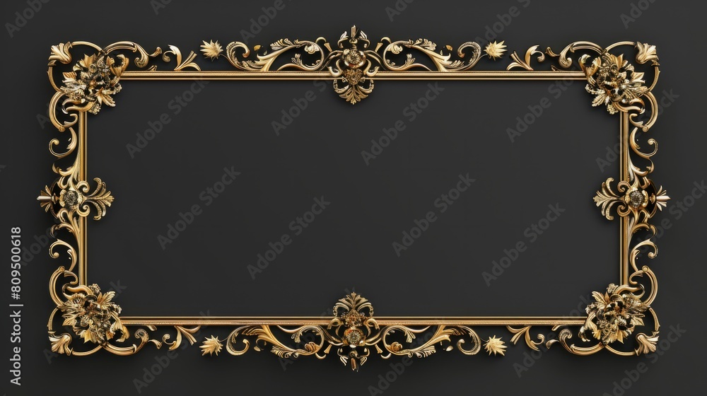 Rectangle vintage gold frame for web presentation, horizontal border in oriental style ,png with transparent background. hyper realistic 