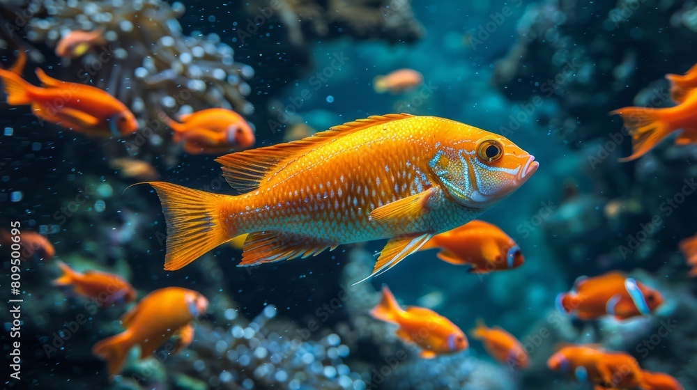 Orange fish swimming among coral in ocean Orange fish swimming among coral in ocean