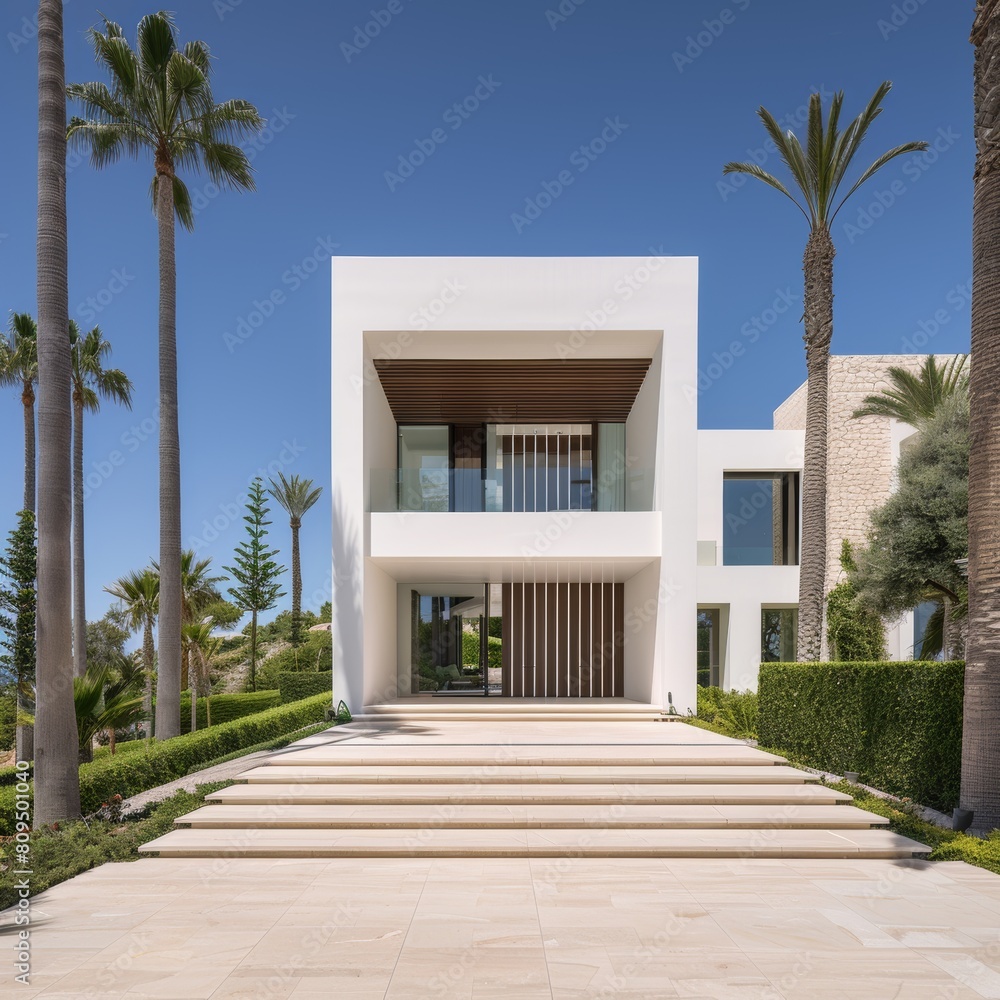 Captivating close up of elegant white villa against clear blue sky, showcasing architectural beauty Captivating close up of elegant white villa against clear blue sky, showcasing architectural beauty