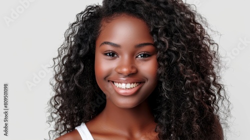 Studio portrait of a beautiful African American woman with clean healthy skin and long shaggy hairstyle smiling and cheerful isolated on transparent png background. hyper realistic 