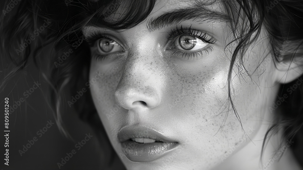 A black and white portrait capturing a young woman, beautiful and elegant 35mm, F/2.8. A black and white portrait capturing a young woman, beautiful and elegant 35mm, F/2.8.