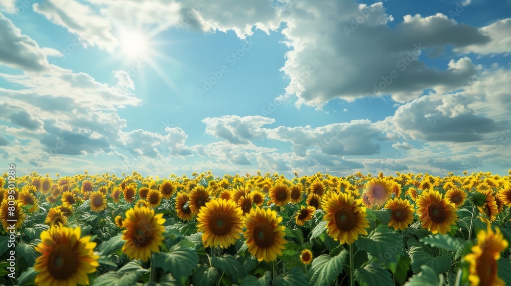 Fototapeta premium Sunflower field with cloudy blue sky hyper realistic 