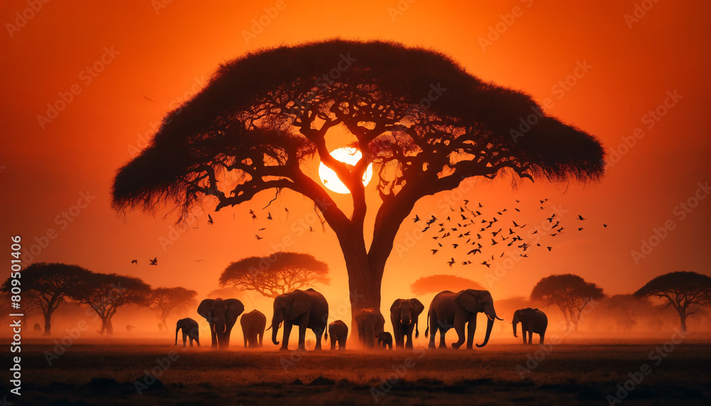 A stunning landscape with elephants silhouetted against a vibrant sunset in Africa. Birds soar above the acacia tree, creating a picturesque and serene wildlife scene