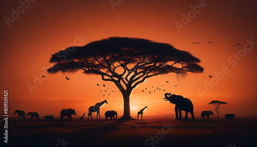 A stunning landscape with elephants and giraffe silhouettes against a vibrant sunset in Africa. Birds soar above the acacia tree  creating a picturesque and serene wildlife scene