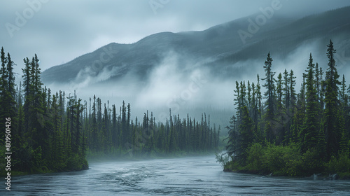 foggy nature with mountains and fir trees near the river